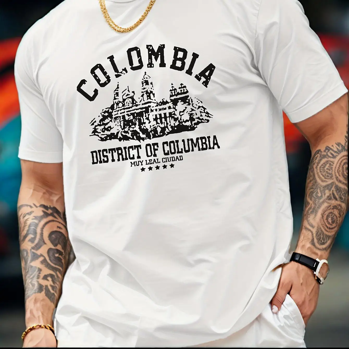 

Повседневная свободная мужская футболка с короткими рукавами и круглым вырезом, колумбийская архитектура, летняя хлопковая мода, одежда для пар, повседневная одежда