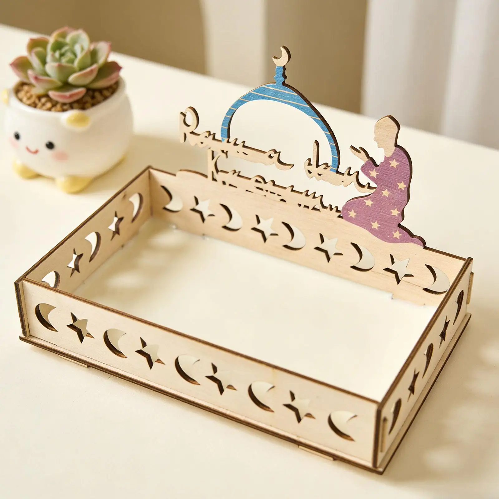 Bandeja de Madera con Diseño de Luna y Estrella Islámica, Plato Rectangular para Pastel, para Servir Cupcakes y Repostería en la Mesa Durante Eid y Ramadán