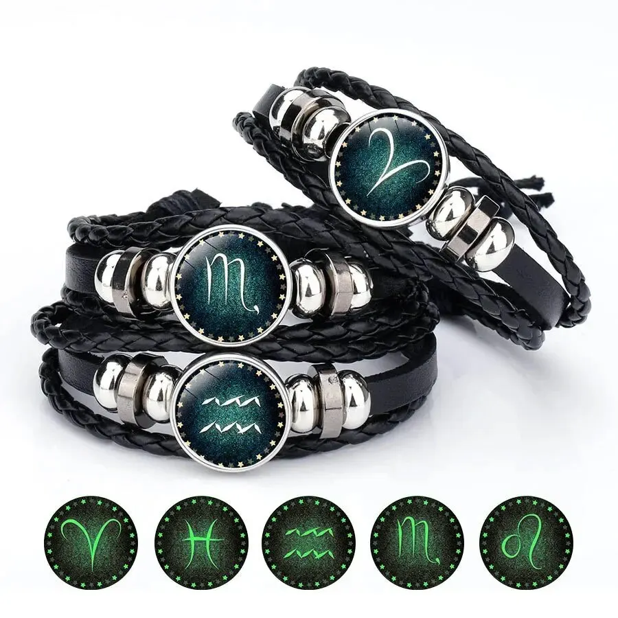 Luminous Twelve Constellation Artificial Gemstone Bracelet ;Beaded Rope PU Leather 12 Constellation Woven Bracelet