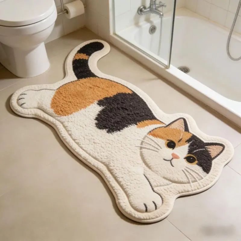 VIKAMA Cat Shaped Area Rug Cute Calico Cat Non Slip Washable Absorbent Bathroom Floor Carpet for Bedroom Living Room Home Decor