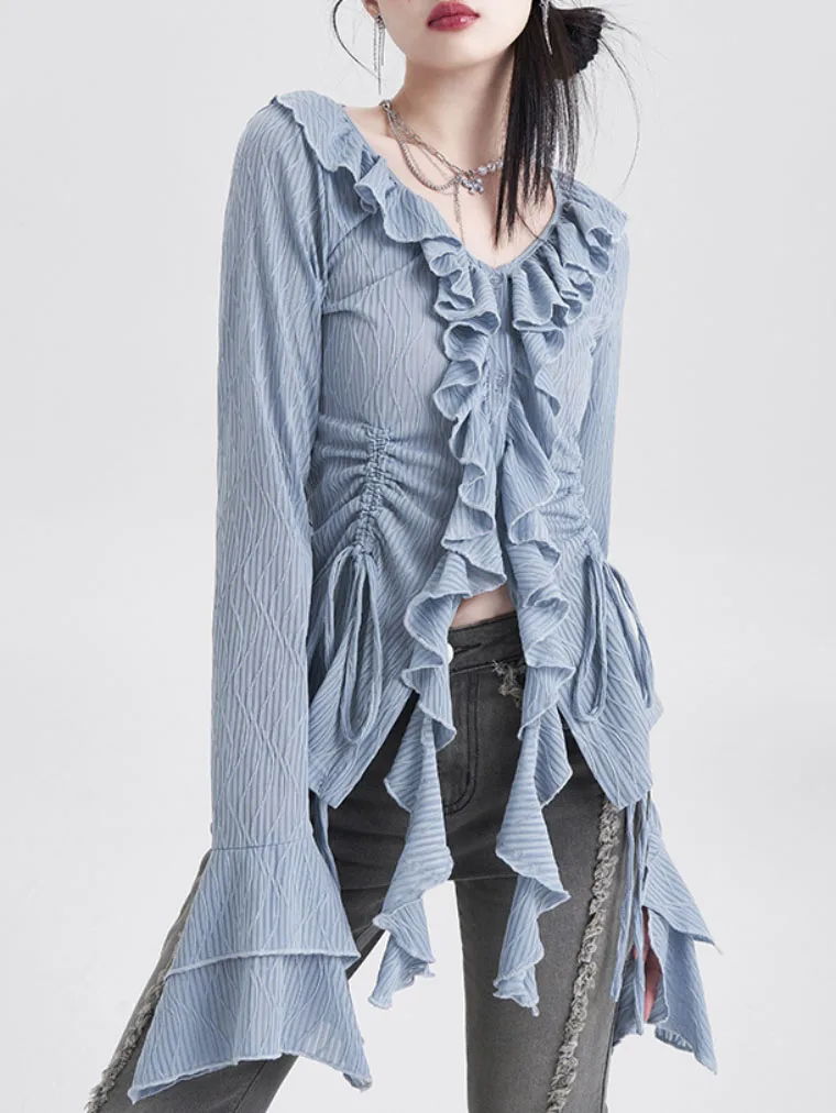 

2023 Autumn Women Korean Fashion Design Flare Sleeve Chiffon Shirt Ruffle V Neck Blouse Top Set Aesthetic Clothes
