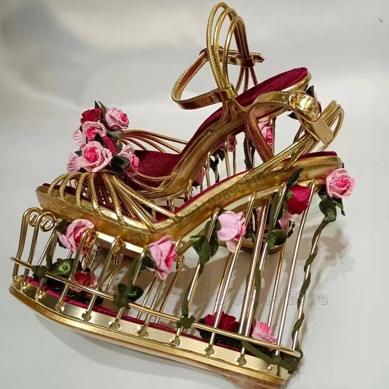 Sandalias de plataforma huecas con tacón de jaula de pájaros dorados con decoración de flores, Zapatos de Mujer con correa y hebilla en el tobillo, Zapatos de moda Para banquete 2025