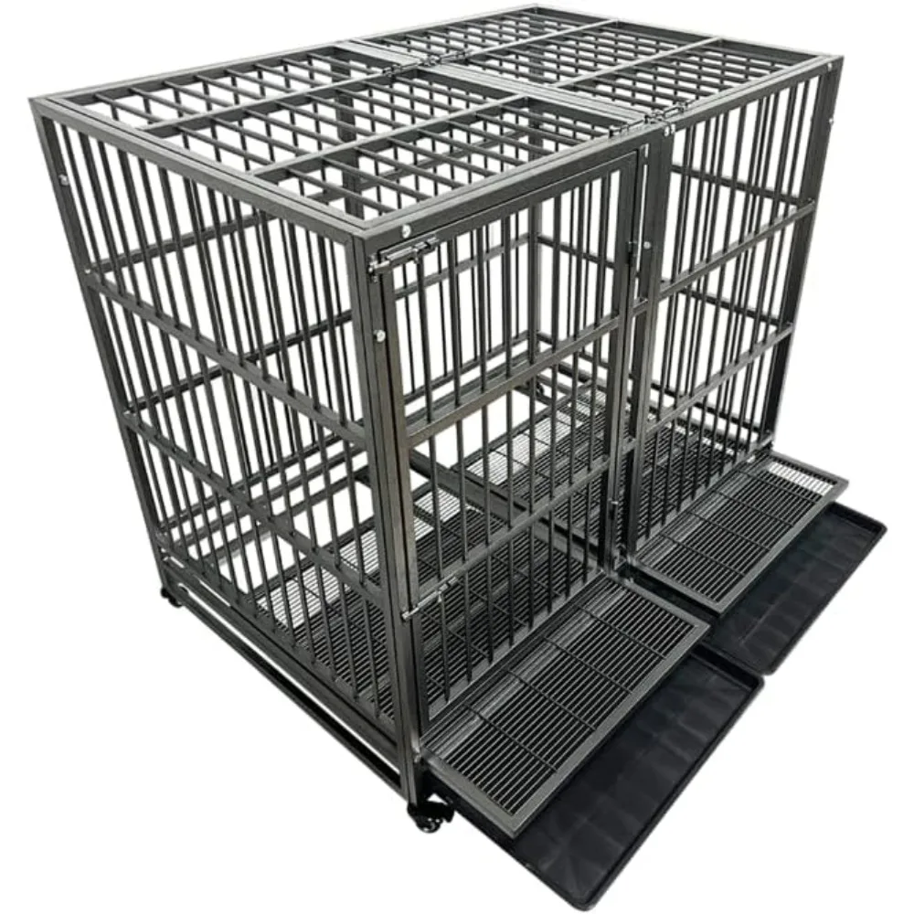 54 Inch Heavy Duty Dog Crate Cage with Wheels, Indestructible and Escape Proof Steel Kennel Indoor for High Anxiety Dogs with