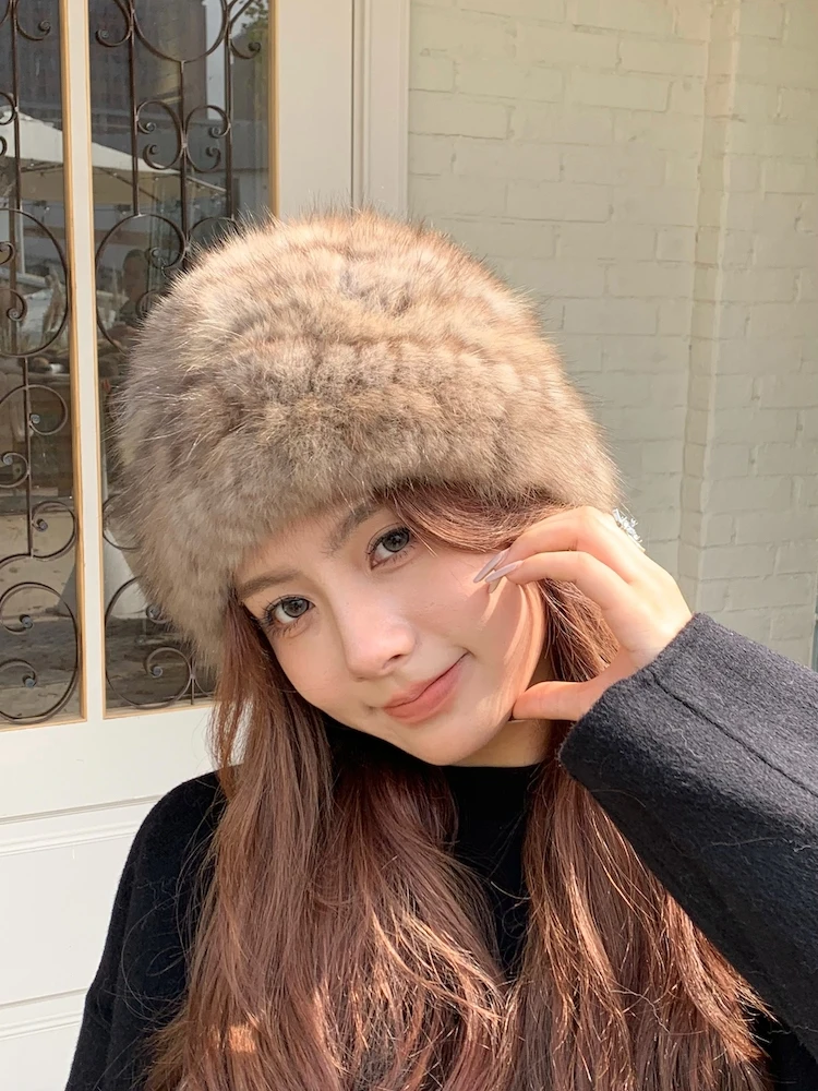 

Winter Warm Women's Winter Genuine Sable Fur Hats Mink Fur Ear Flap Caps Helmet Russian Headwear Real Fur Luxury Hat