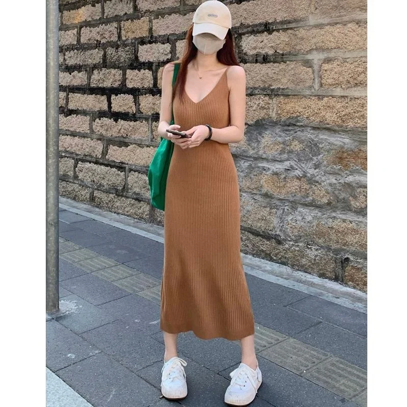 

Korean Fashion Women's Dress Loose V Neck Sling Dress Women Sleeveless Maxi Party Dresses