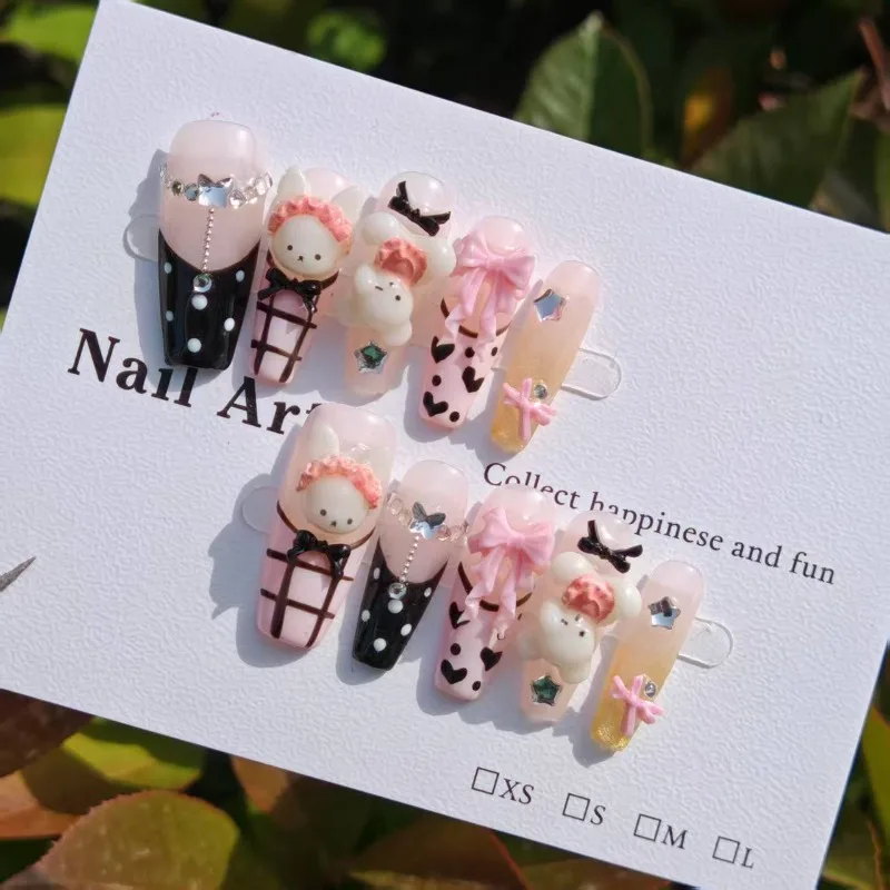 

10 Pieces Blush Cartoon Cute Handmade Press On Nails Snow Powder Bear Bow French False Nails Removable Reusable