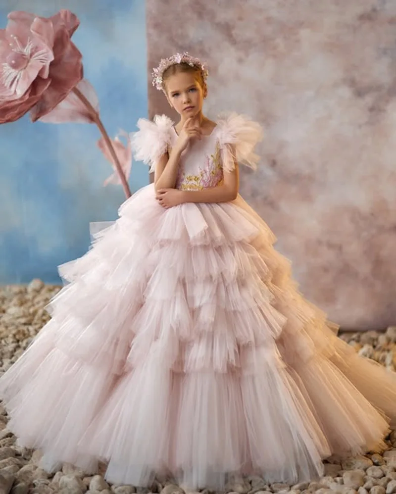 

Customized Pink Flower Girl Dress For Wedding Applique V-back Puffy Tulle Layered Elegant Kid Birthday First Communion Ball Gown