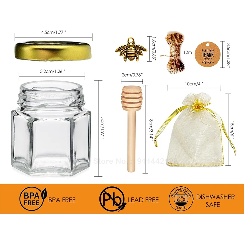 IN STOCK 10/20 1.5/2OZ Mini Hexagonal Glass Honey Jars With Gold Lids For Baby Shower Wedding And Party Favors