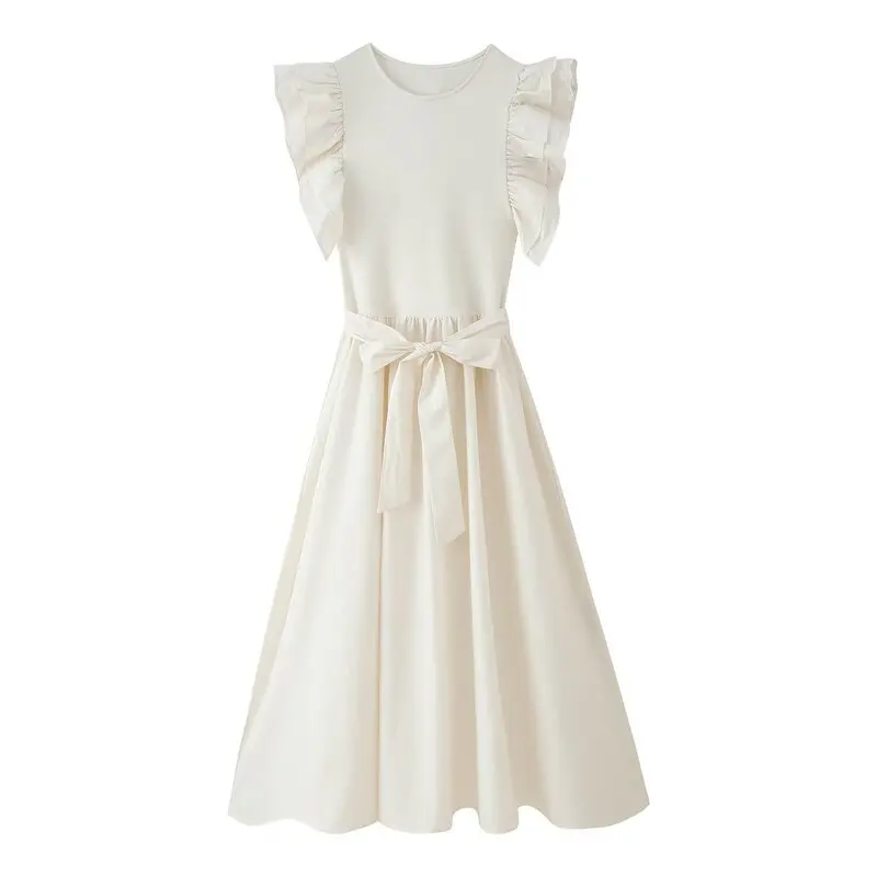 Vestido F Novo de Verão 2025 com Cinto em Camadas, Decote Redondo, Patchwork, Estilo para o Trabalho, Sem Mangas, Peça...