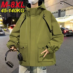 2025 New Spring Jacket Men Korean Fashion Unisex Hooded Windbreaker Multi-Pockets Casual Jackets Oversized Coat Plus Size 8XL