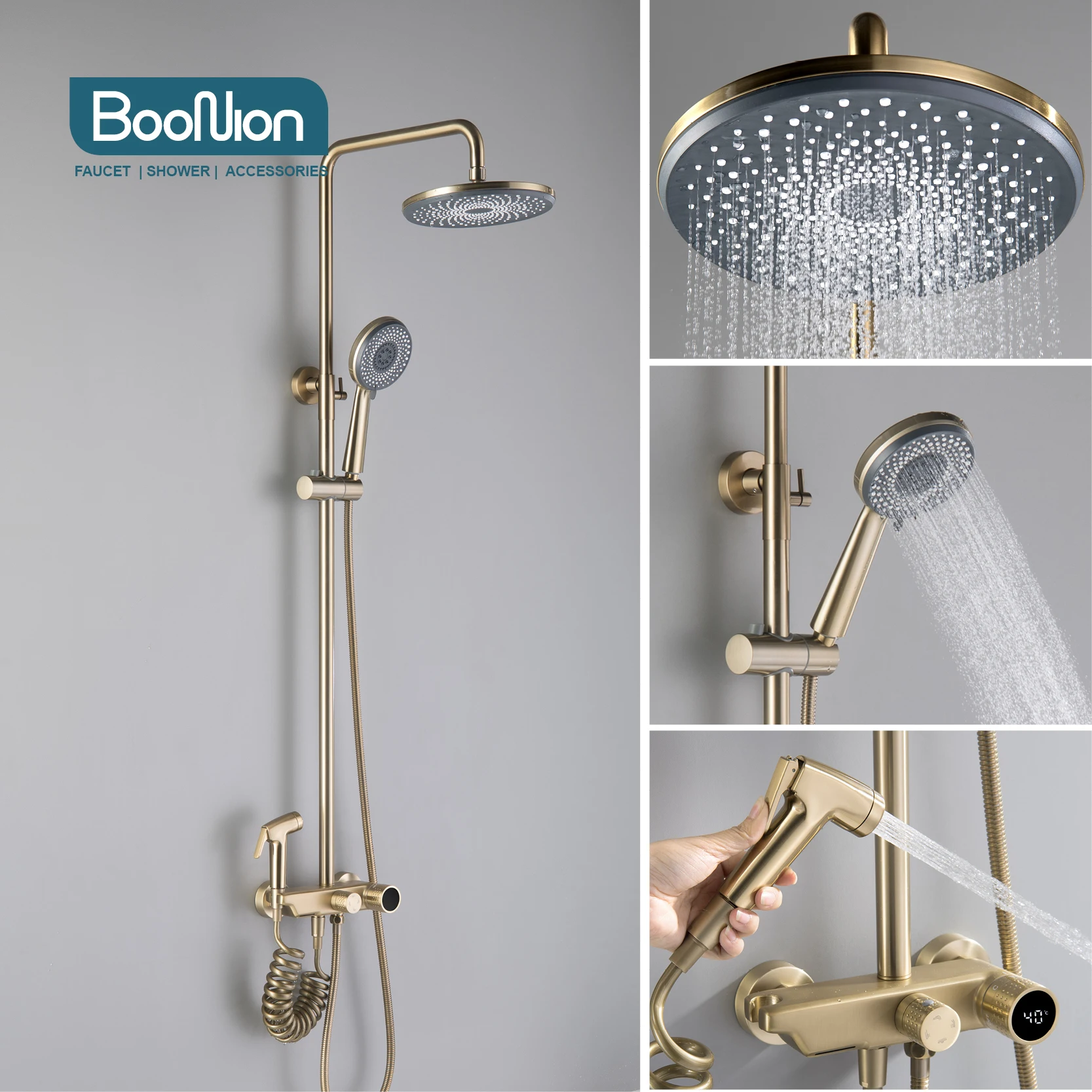 

Boonion Brushed gold Brass Luxury multi-function shower Faucets Bathroom Shower Set Diverter Mixer Valve Hot and coldSystem