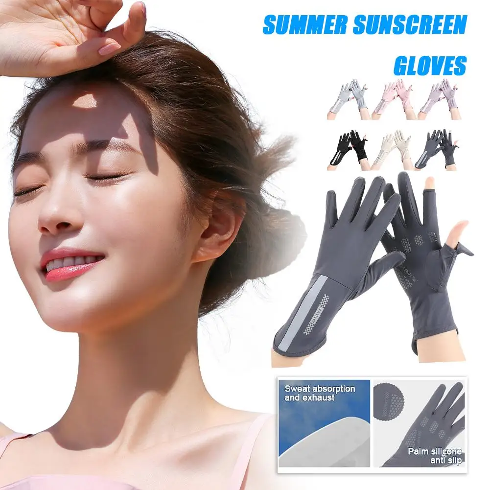 Summer Sunscreen Gloves Thin Ice Silk Anti-ultraviolet Breathable Gloves Riding Non-slip Screen Driving Dew Finger I2j8