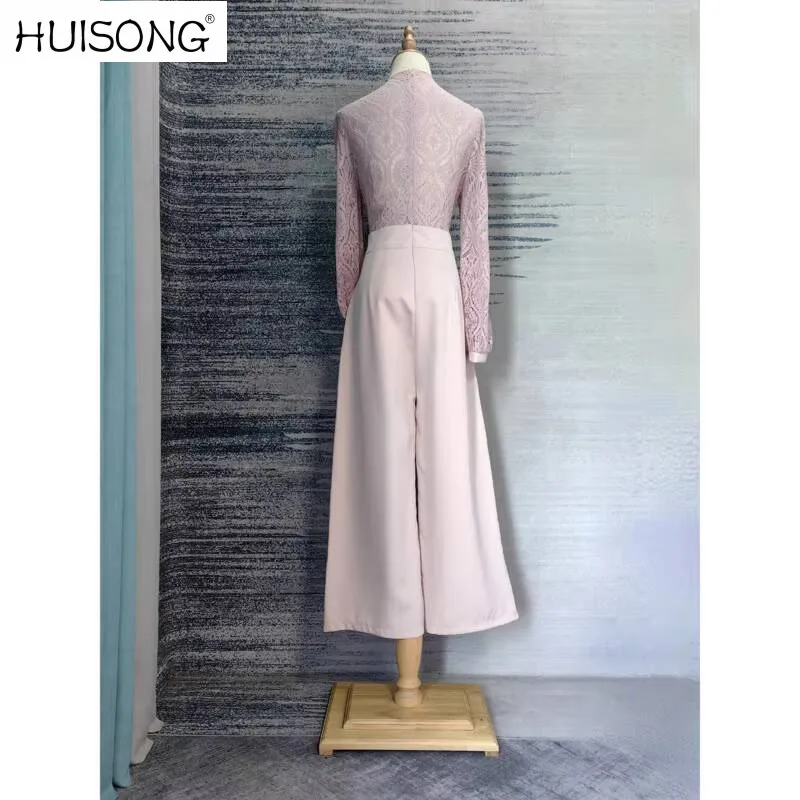 French Elegant Overalls Woman Jumpsuit Patchwork Female Lace Pink Slim Straight-Leg Long Summer Party Jumpsuit One-Piece Pants