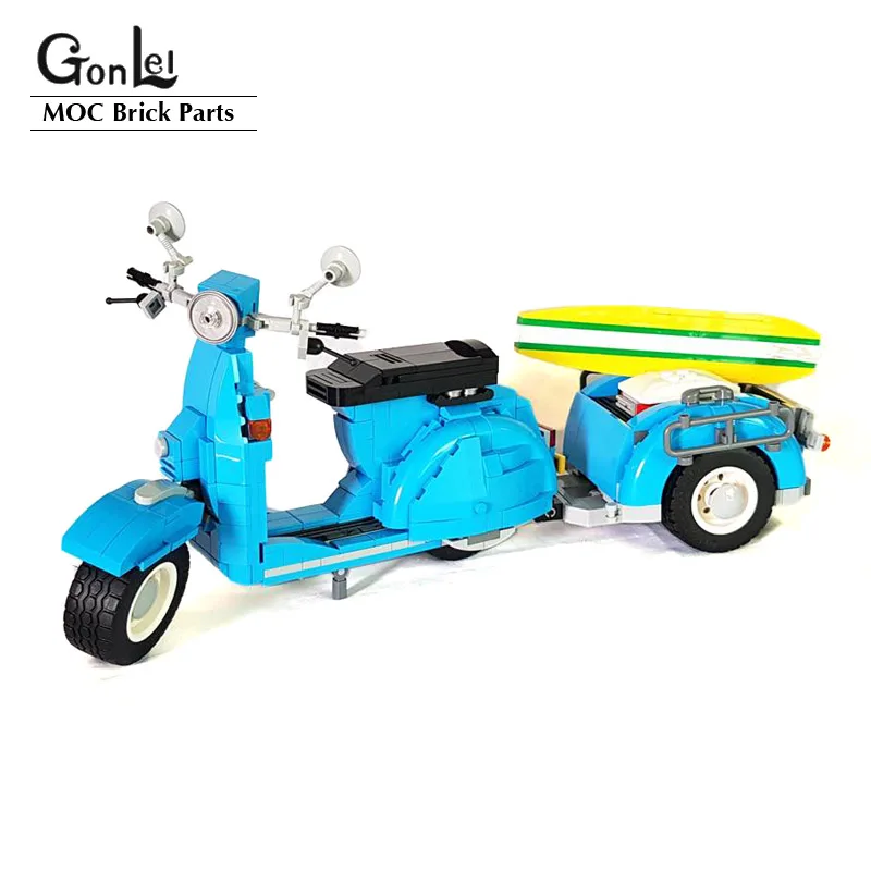 1126Pcs MOC Techncial Scooter P200E Motorbike with a Surf-Board Trailer Bricks Set Building Block Assemble Bikes Vehicle Model