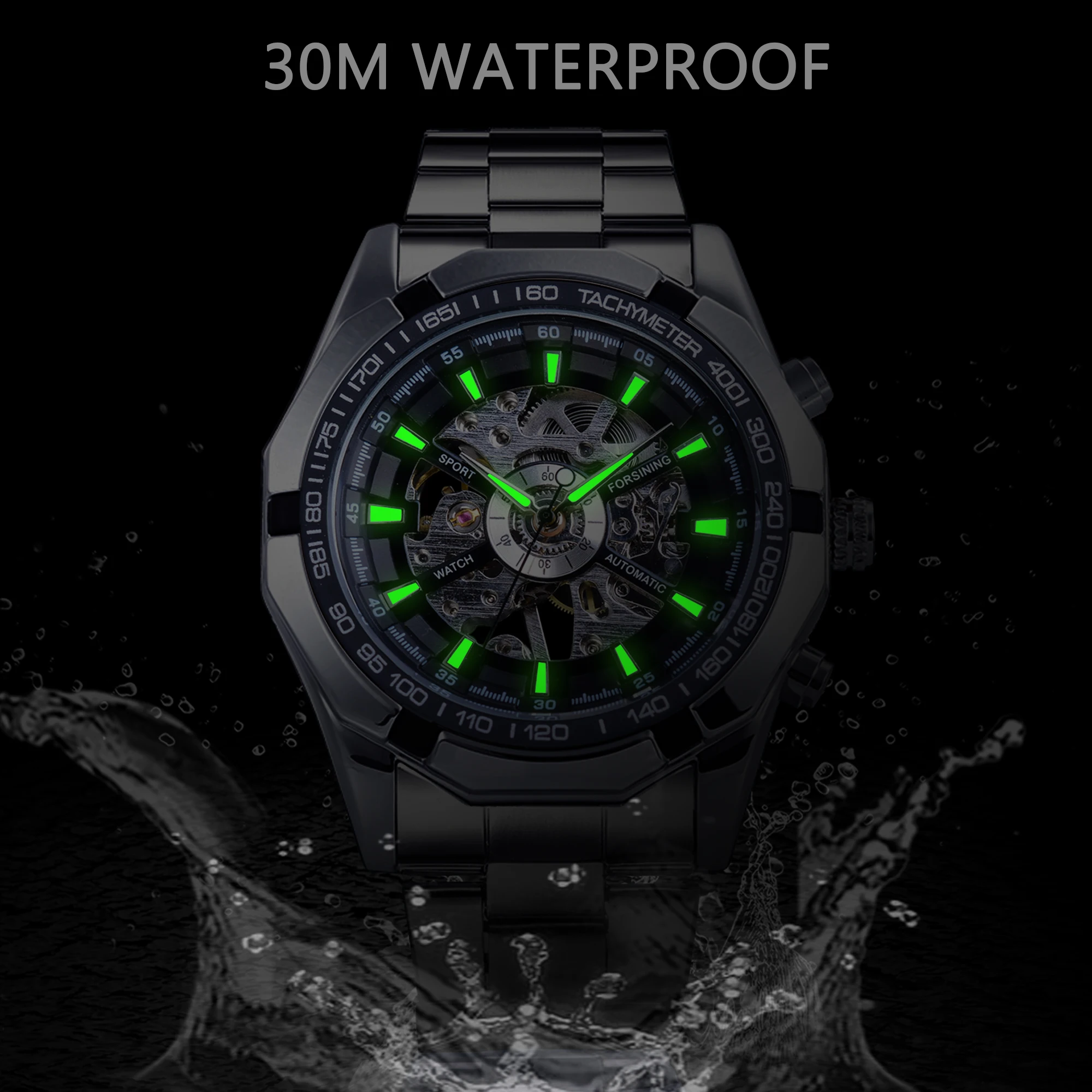 2021 Forsining Top Brand Full Stainless Steel Waterproof Mens Skeleton Watches Luxury Transparent Mechanical Sport Male Wrist