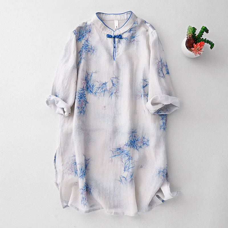 

High-End Handmade Tai Chi orm Women's Summer Cotton Linen Thin ort Sve Middle-Length Handmade Bai Mao Cloth