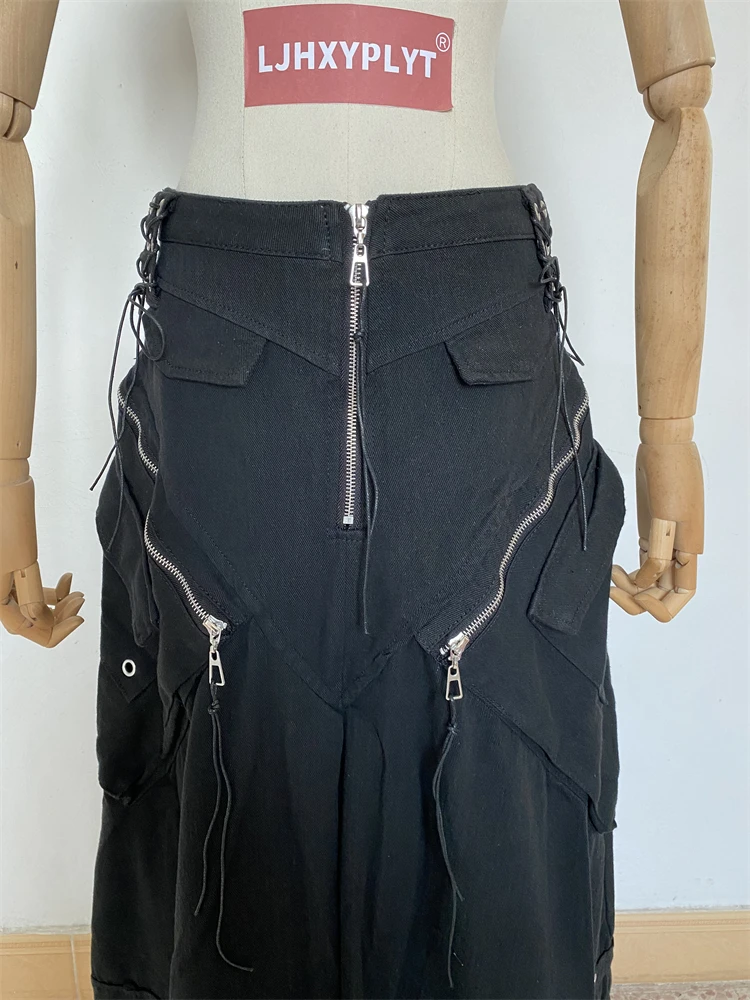 Dark Style Women's Zipper Black A-line Ankle-length Skirt Cool Girl Vintage Fashion Summer Female Loose Lace Up Cargo Skirts