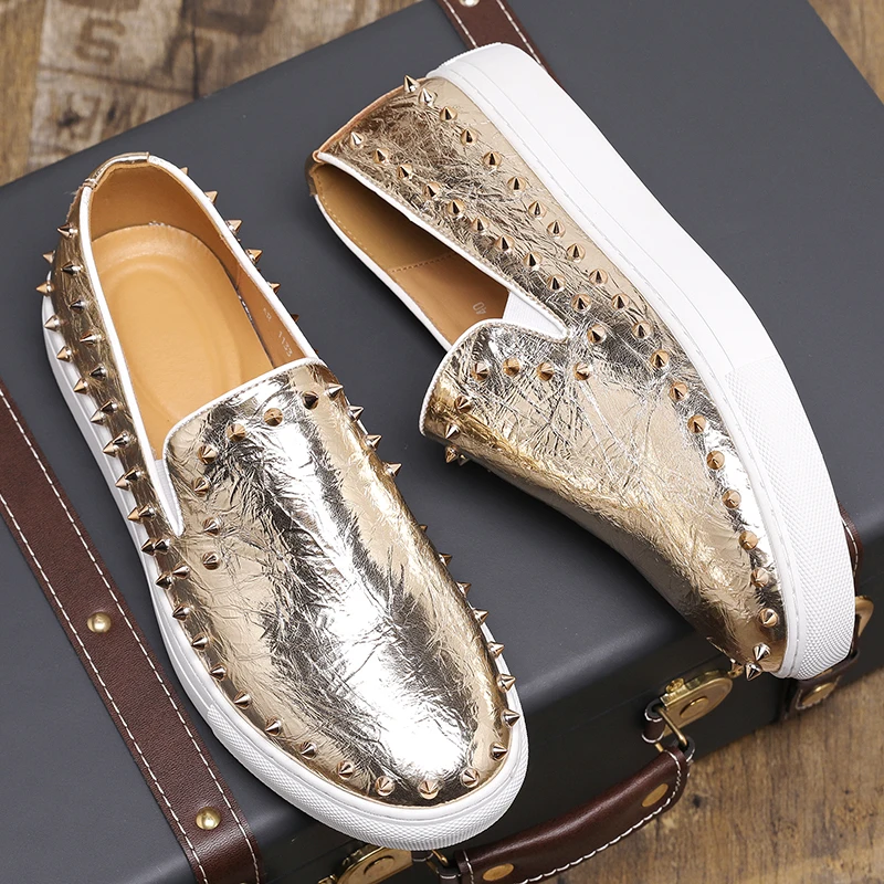 

Luxury Man Gold Shoes Designer Rivet Leather Casual Shoes for Men Plus size 48 Slip-on Loafers Men's Moccasins chaussure hommes