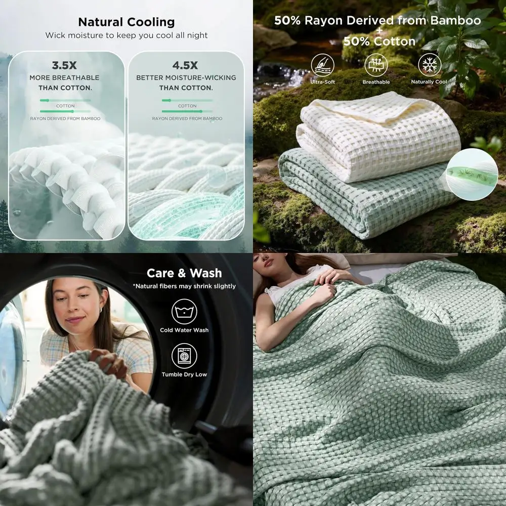 

Одеяло Queen Size из охлаждающего хлопка Wale - дышащее летнее покрывало для тех, кто страдает от жары, мятно-зеленое, 90x90