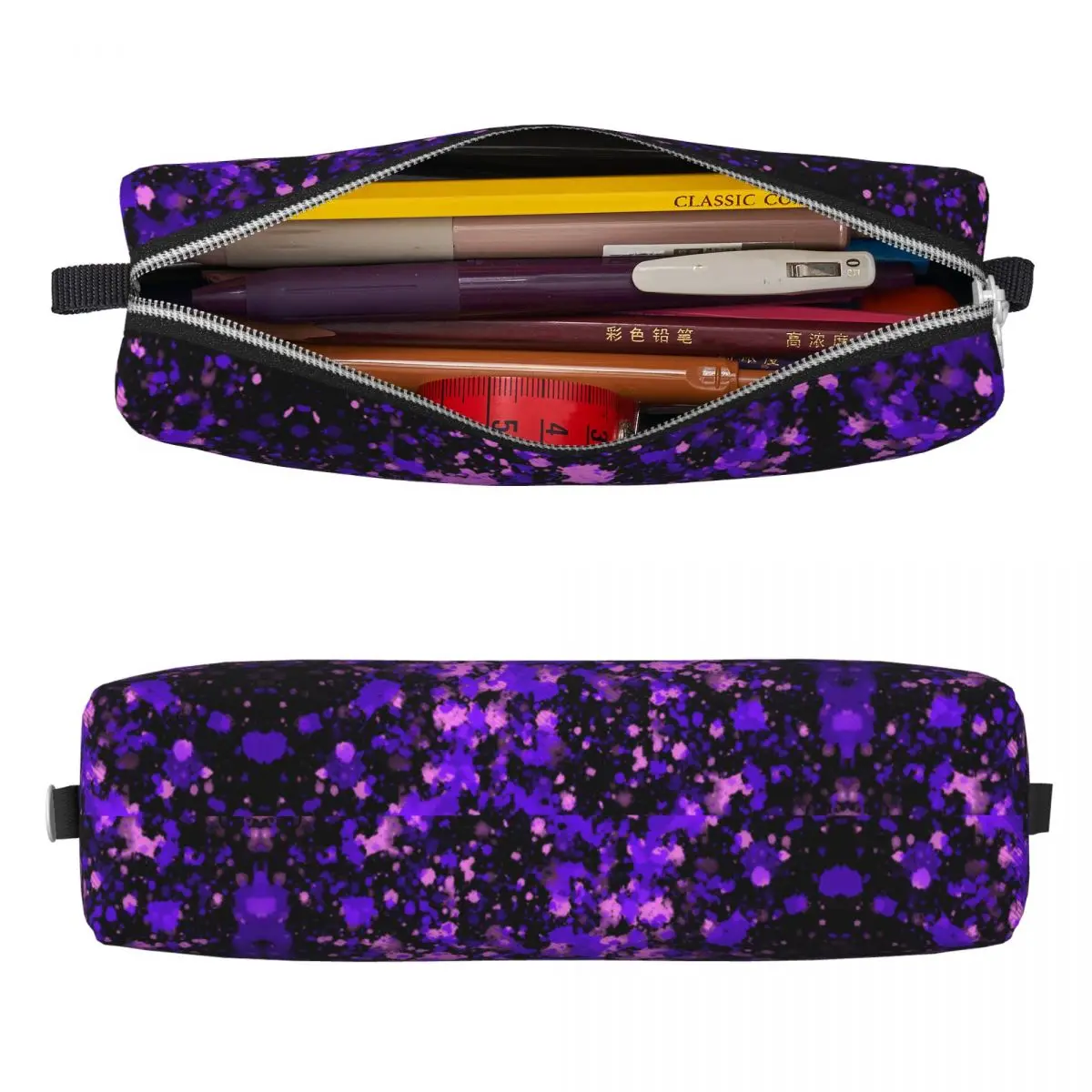 Imagem -02 - Tinta Roxa Splatter Pencil Case Bolsa com Zíper de Impressão Abstrata Cute University School Pencil Cases Meninas e Meninos Suprimentos