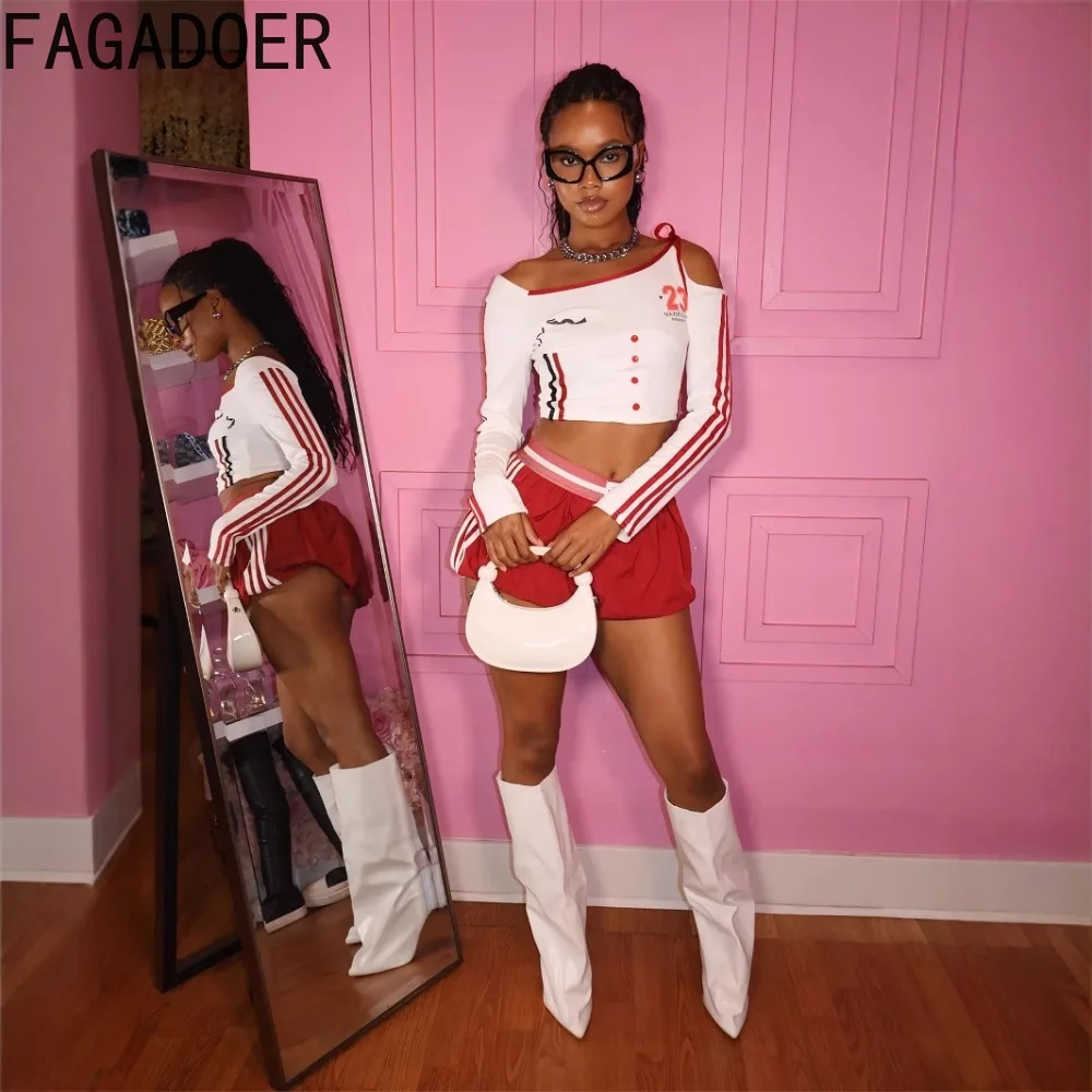 FAGADOER Sweet Women 2 Piece Set Outfit Y2k Streetwear Letter Print Off Showlder Crop Top + Bubble Puffy Skirt Fashion Suits New