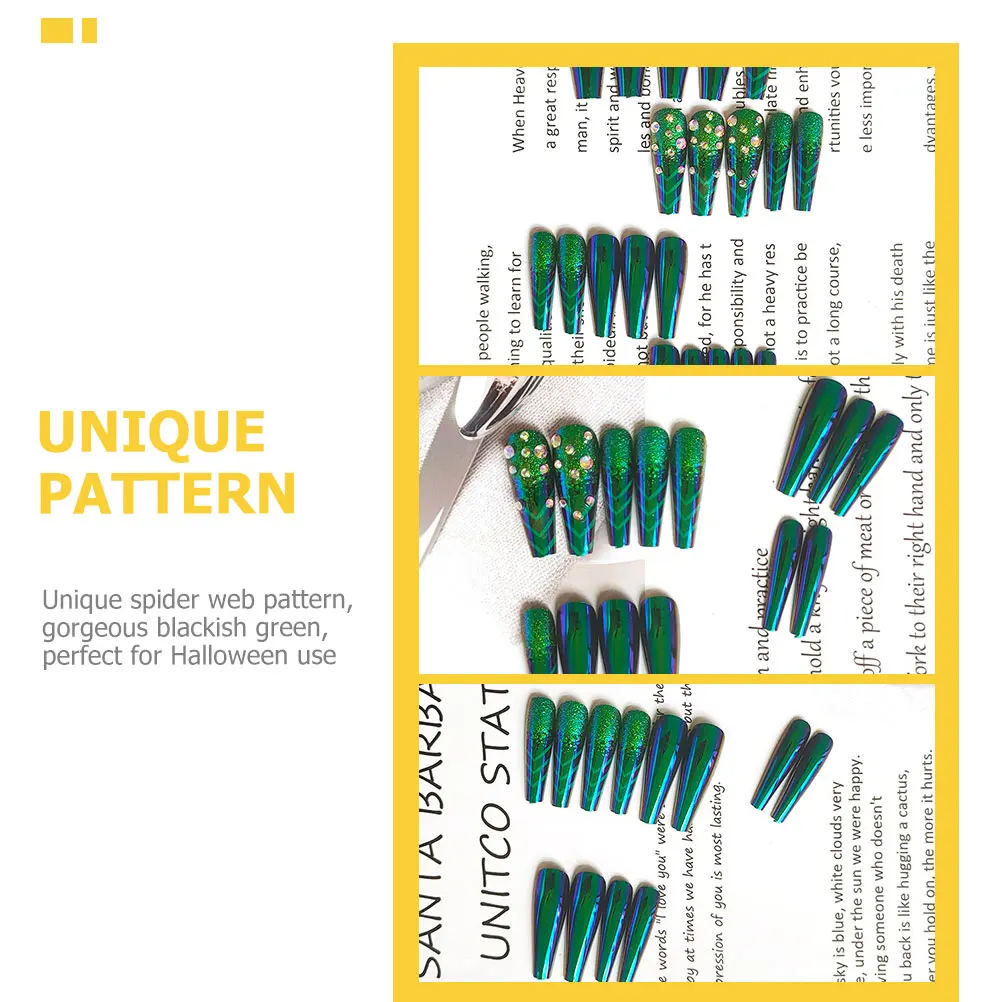 

24pcs Halloween False Spider Pattern Extra Long Coffin Fake Dark Green Press On Nails For Women Goth Spider Web Nails