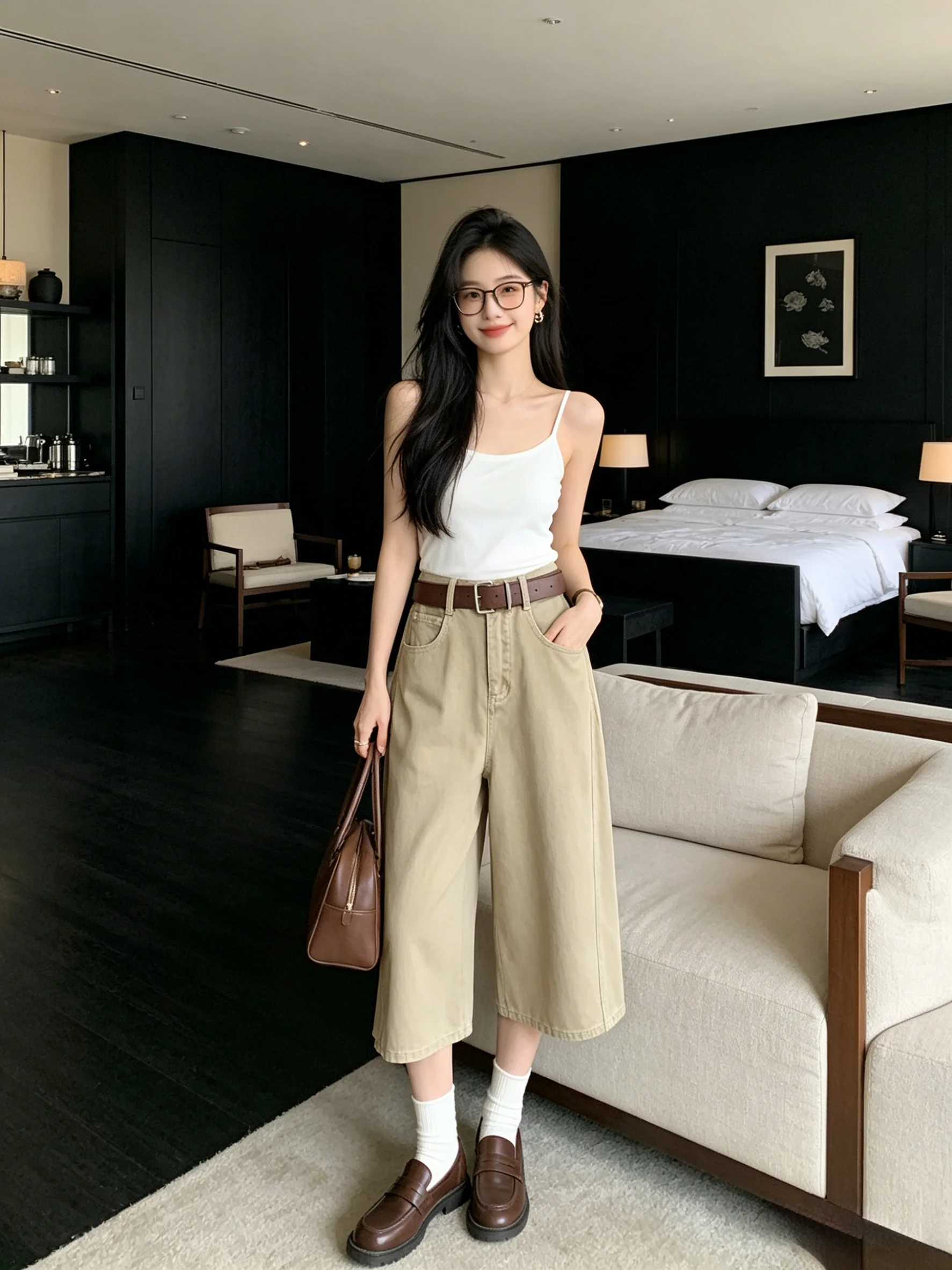 

High Waist Workwear Denim Pants Women Summer Loose Versatile Slimming Seven-Foot Belted Wide-Leg Casual Jeans Korean Style