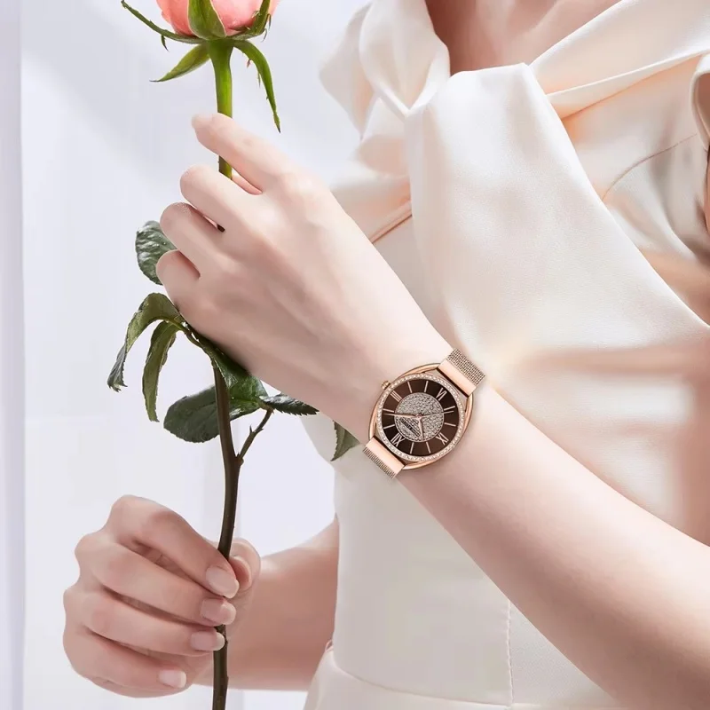 MINI FOCUS 0425 브랜드 여성용 쿼츠 시계, 럭셔리 다이아몬드 다이얼 시계, 스테인레스 스틸 방수 손목시계, 우아한 숙녀 시계