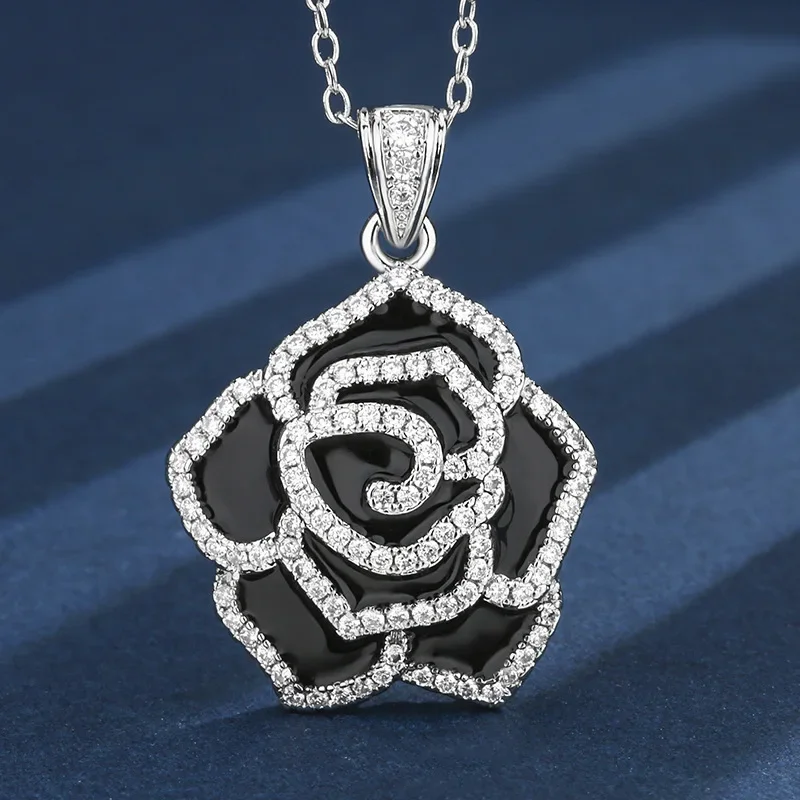 Elegant Black and Silver Rose Flower Jewelry Pendant Necklace Adjustable Rings Earrings Timeless and Chic for Women Jewelry Gift