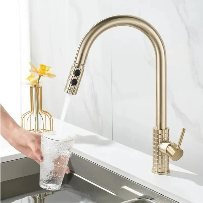 Brushed Gold Pull Out Kitchen Faucet Brass Gray Sink Faucet Tap 360 degree rotation torneira cozinha mixer taps Gold Kitchen Tap