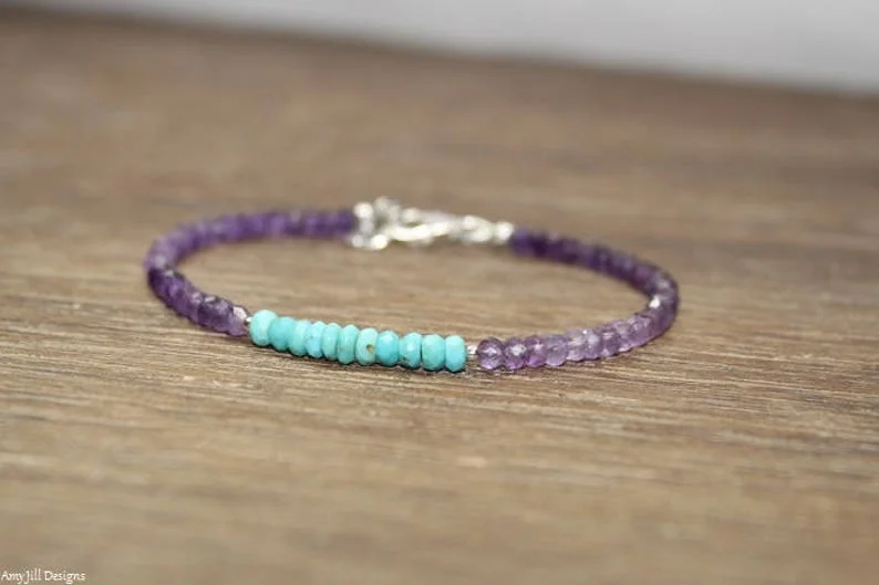 Turquoise & Shaded Amethyst Bracelet, Beaded, Ombre, Stacking, Amethyst Gemstone Jewelry, February and December Birthstones