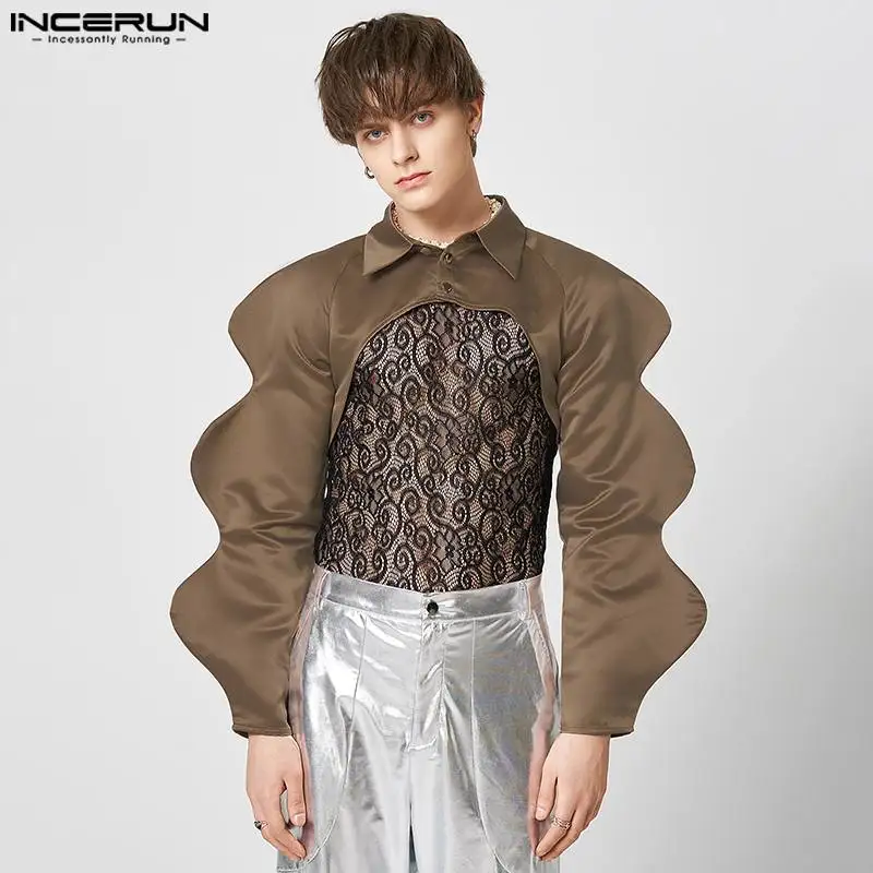 INCERUN Men Irregular Shirt Lapel Long Sleeve Streetwear Solid Color Button Male Crop Tops Loose 2024 Fashion Sexy Camisas S-5XL