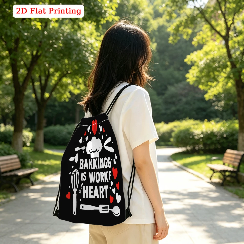 2D Flat Printed Baking Is Work Of Heart Drawstring Backpack for Fitness Sports Outdoor Travel