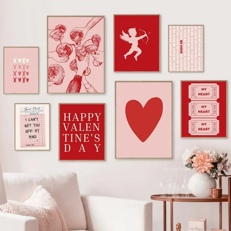 Valentine's Day Queue Gallery Printable Poster Vintage Romantic Wall Art Cute Pink Heart Canvas Painting Home Bedroom Decoration