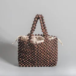 Casual Bags Shopper Wood Bead Fashion Handbags Cheap Women Exquisite Retro Totes Female Solid Color Handmade Woven for Party