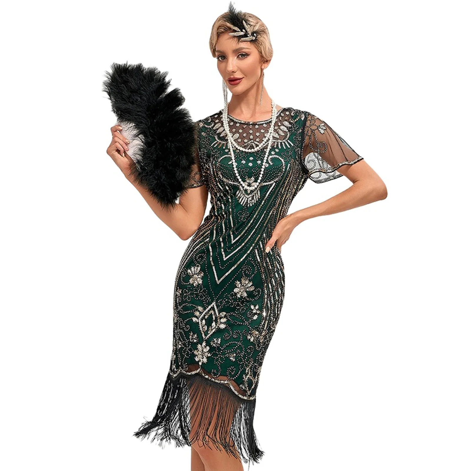 

Women's 1920s Lace Neck Great Dress Sequin Art Deco Flapper Dress with Sleeve for Party