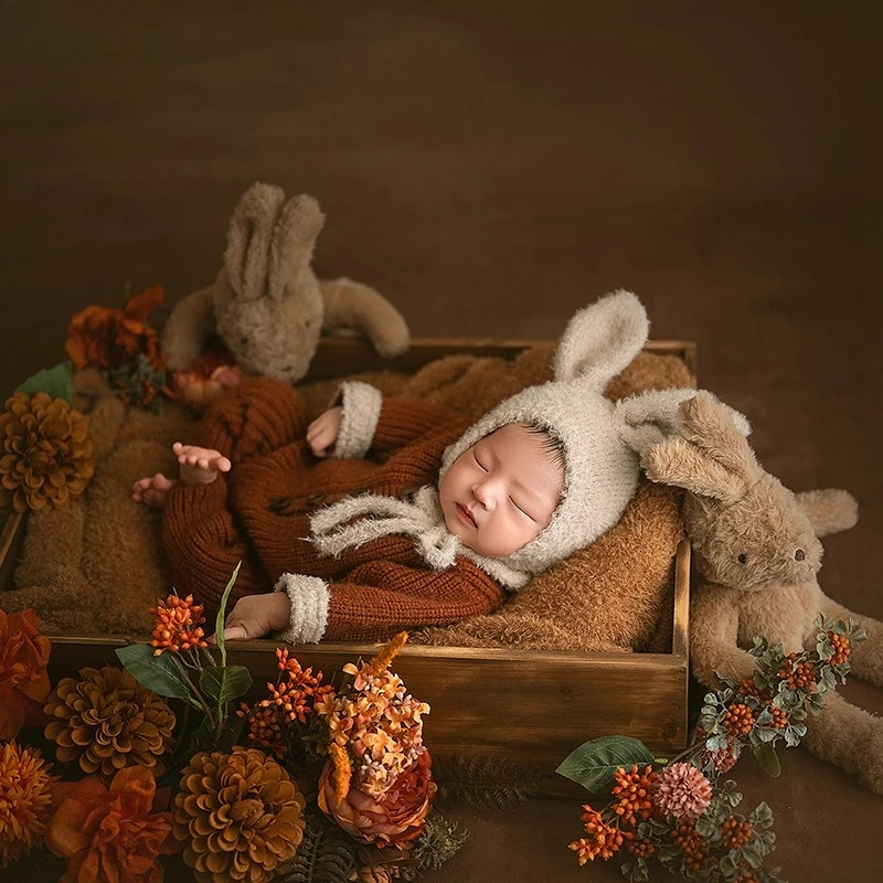 

Реквизит для фотосъемки новорожденных, тематический набор с милым кроликом, вязаный наряд, фон с цветочным декором, аксессуары для студийной фотосессии, одежда