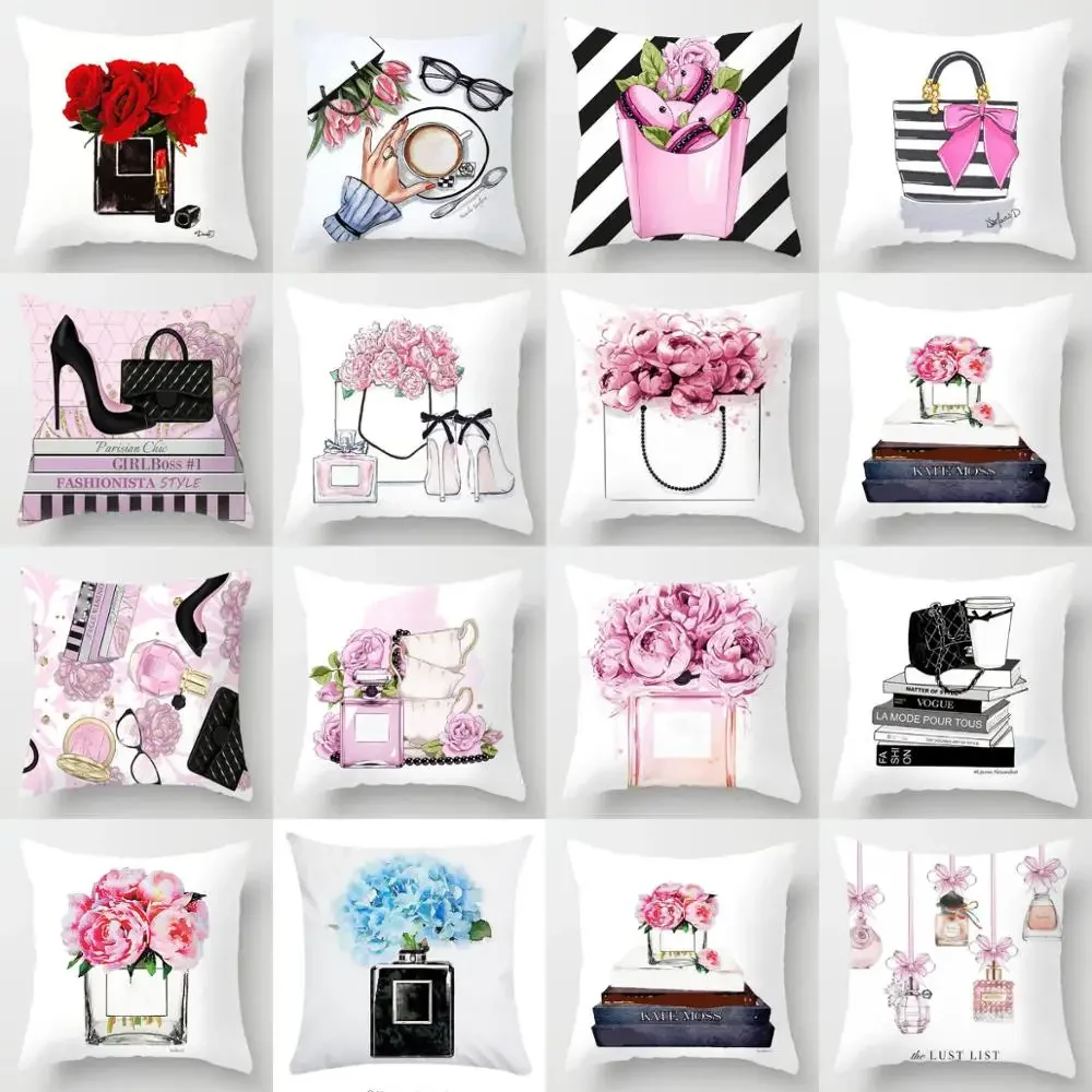 Pink Hand Paint Flowers Pillows Perfume Bottles Cushion Cover Polyester 45X45 50X50 Home Decorative Sofa Couch Throw Pillow Case