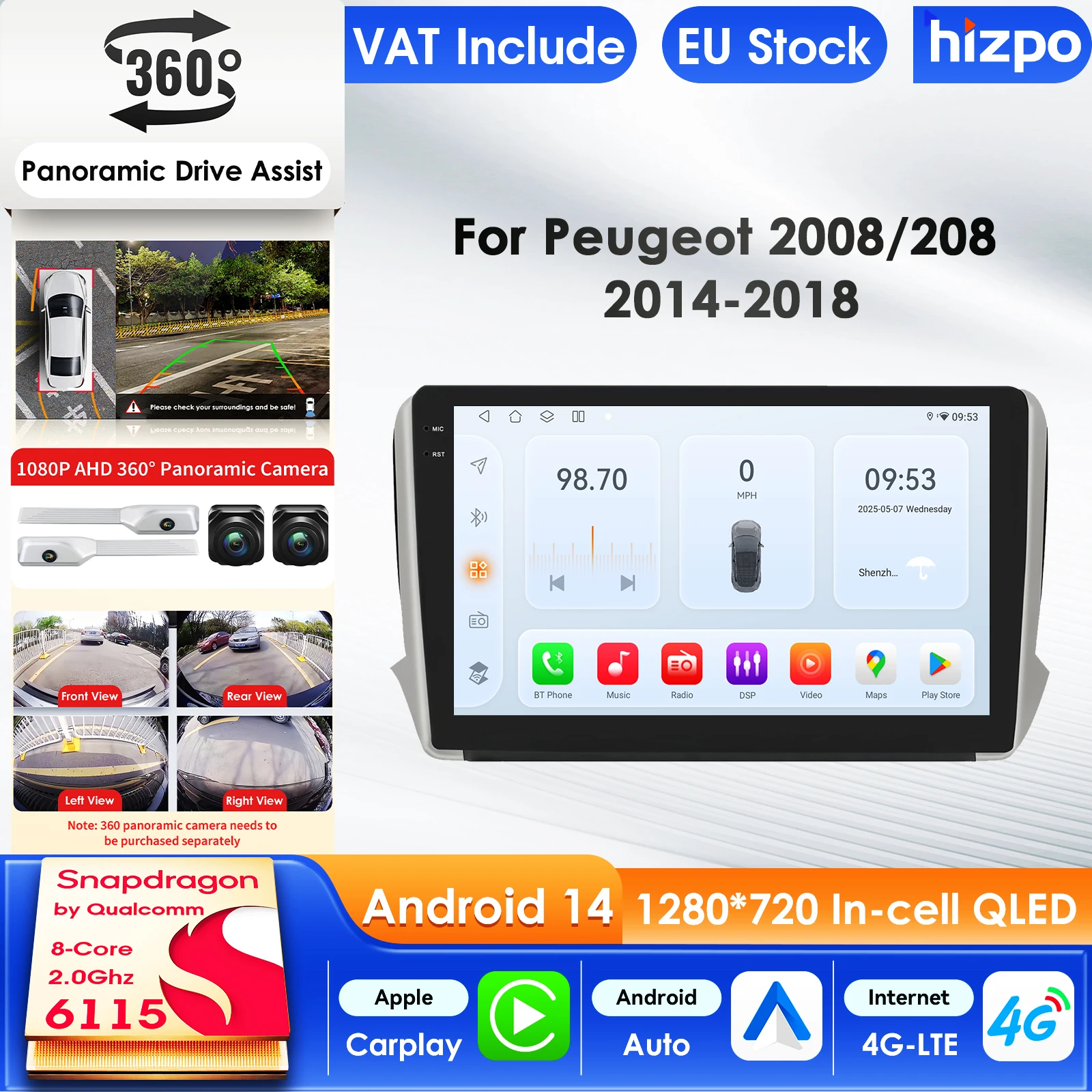 Hizpo Carplay 4G WIFI AI systèmes Android 14 Autoradio pour Peugeot 208 2008 série 2012-2018 lecteur vidéo multimédia Gps Autoradio