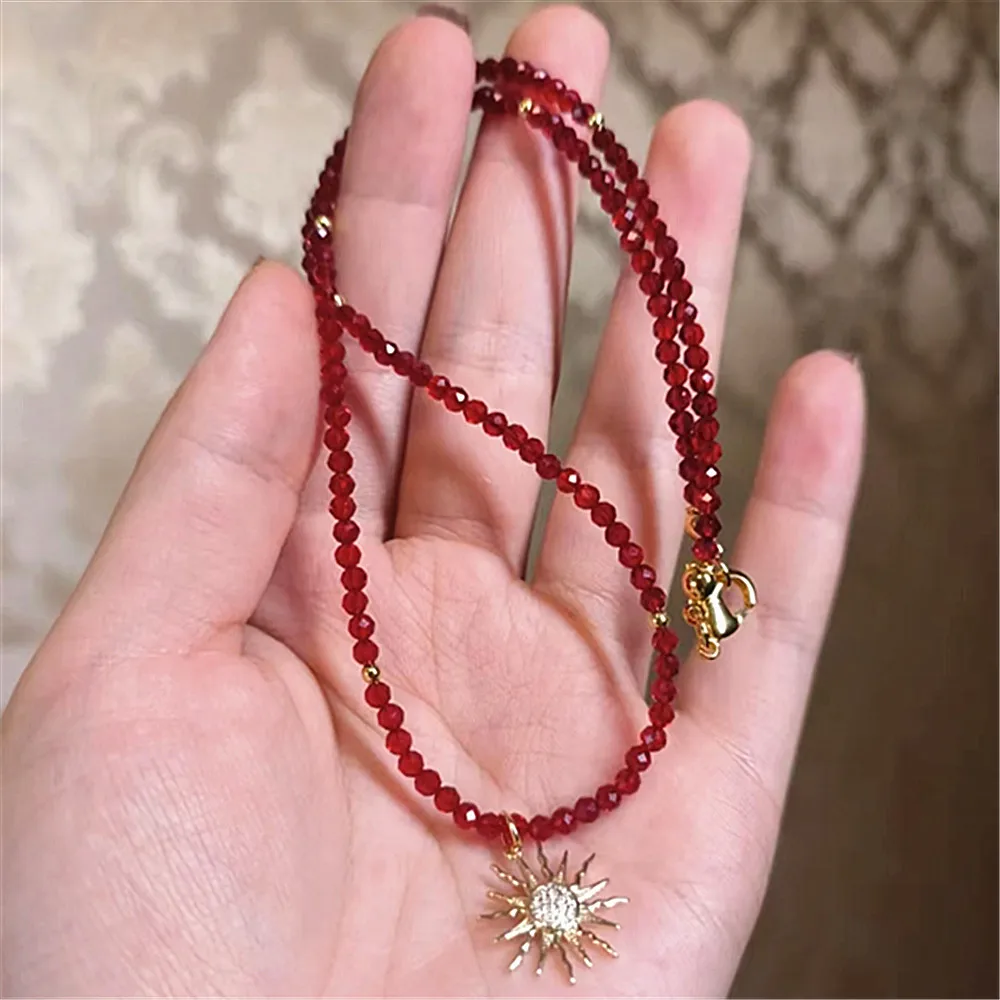 Simple Faceted Red Gem Beads Necklaces For Women Spinel Beads Sun Pendant Chokers Crystal Chain Handmade Necklace Yoga Jewelry