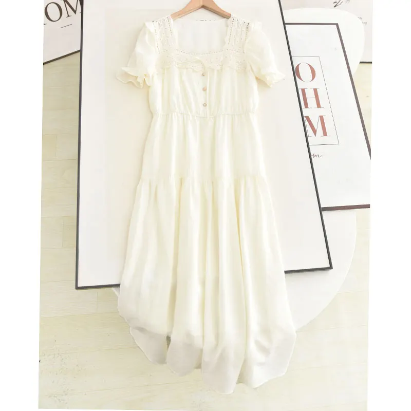 

Summer 2025 Lace Trimmed Bell Sve Dr Ele Gentle Waist Cinching Slimming Drapey Square Collar Patchwork Gown