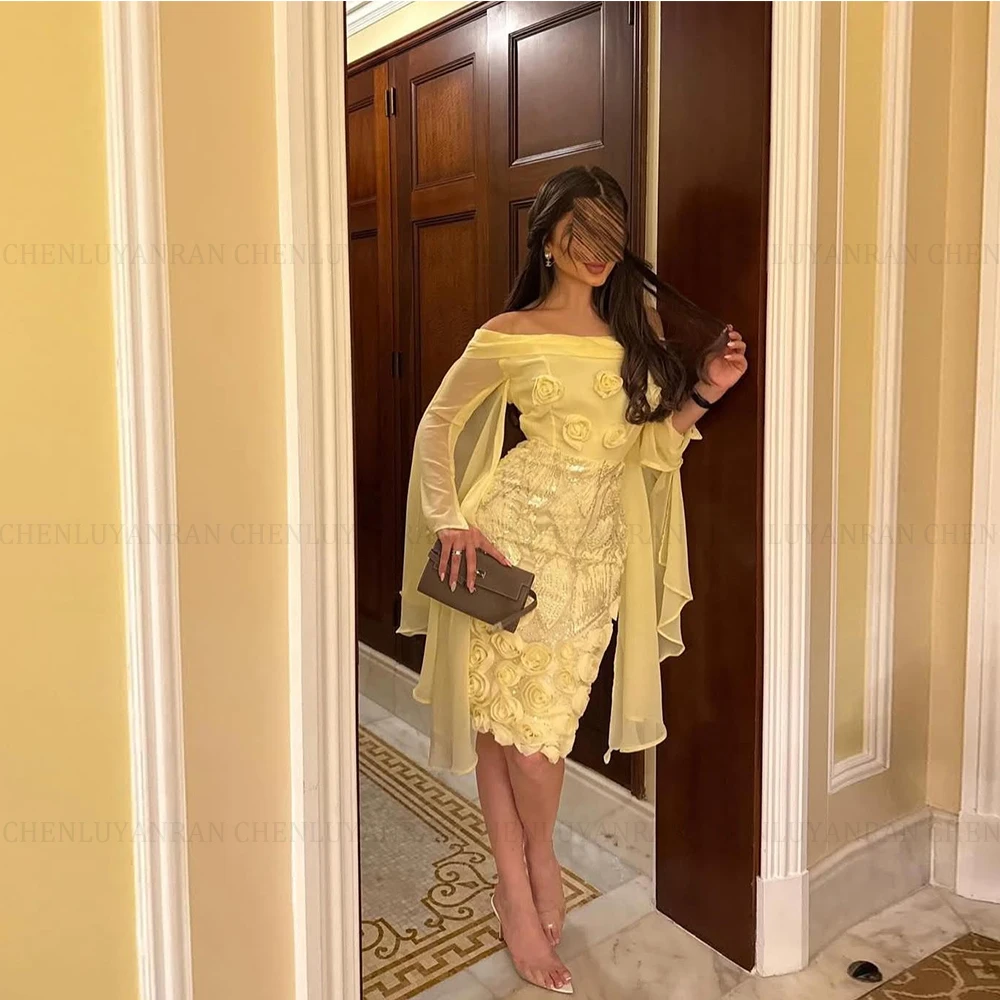 

MOLISA Customized Sheath Long Sleeves Prom Dresses Off The Shoulder Pleated Flowers Knee Length Formal Party Dress Evening Dress