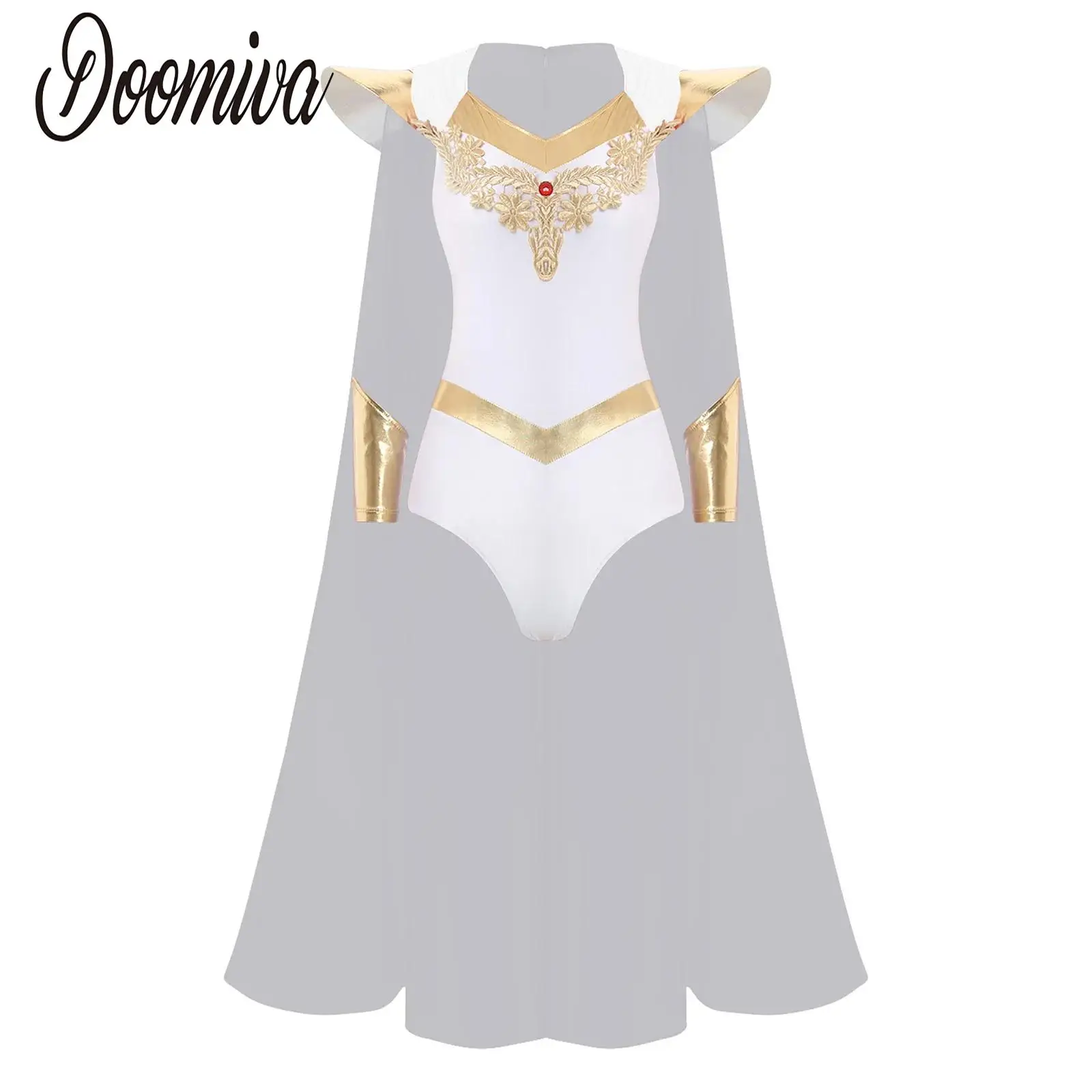 

Women Ancient Greek Roman Godness Empress Cosplay Costume Cape Leotard Bodysuit with Wristbands Outfit for Halloween Theme Party