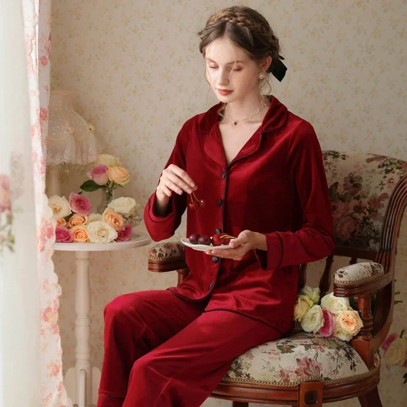 Women Velvet Two Piece Pajama Set Autumn Winter Long Sleeve Sleepshirts Trousers Nightwear Sleepwear Burgundy Red Velour Pyjamas