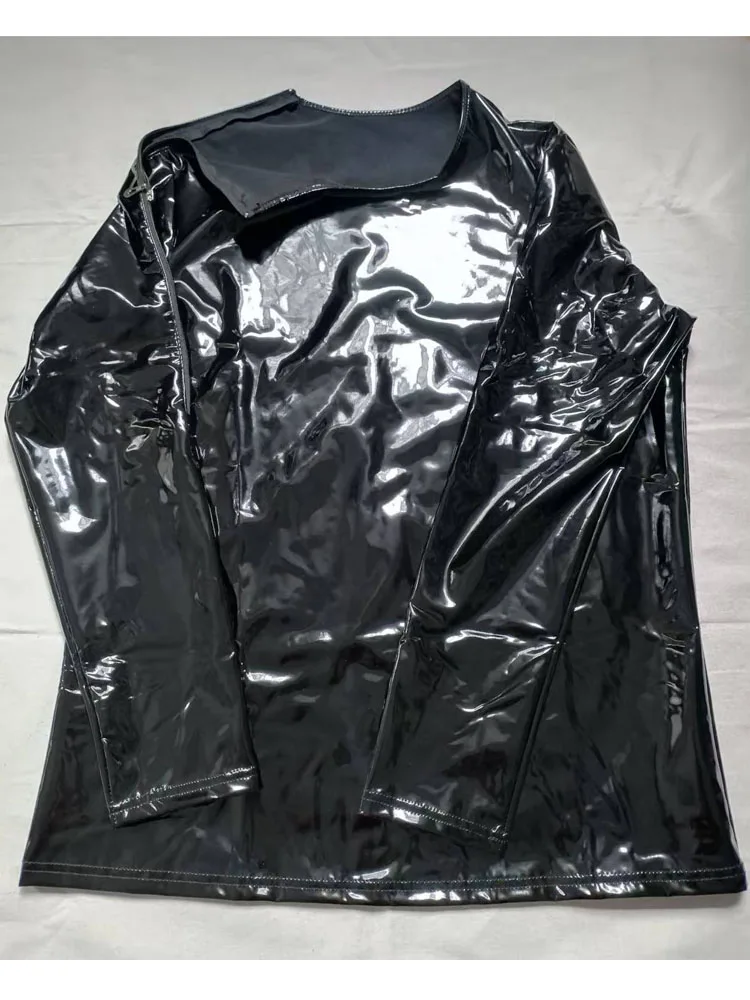 S-7XL Wet Look PVC Long Sleeve T Shirt Shiny PU Leather Shoulder Zipper Tees Shirts Hip Hop Performance Tops Motor Biker Tshirt