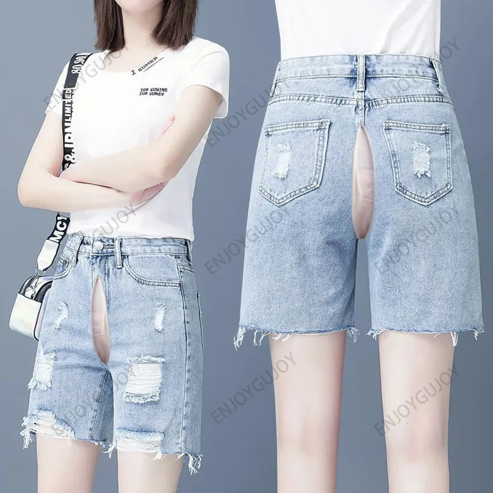 

Invisible Open Crotch Outdoor Sex Summer Trend Ripped Five Point Denim Middle Pants Women's Shorts High Waist Wide Leg Jeans