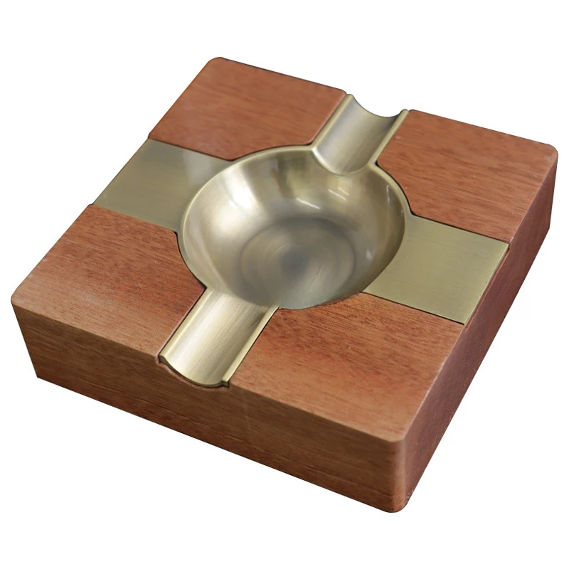 Portable high-end luxury cigar ashtray, creative solid wood square metal ashtray