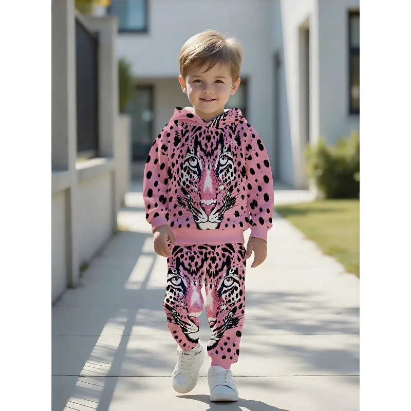 Kids Hoodie Jogger: Pink Leopard Face Print, Mixed Tropical Fruit Pattern, Black White Musical Note Tracksuit