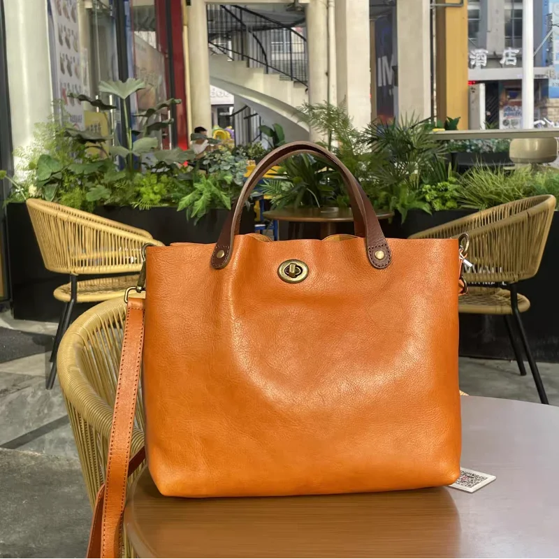 

Luxury Brand Genuine Leather Shoulder Bag Retro Classic Solid Color Bucket Bag French Elegant Large Capacity Crossbody Bag New