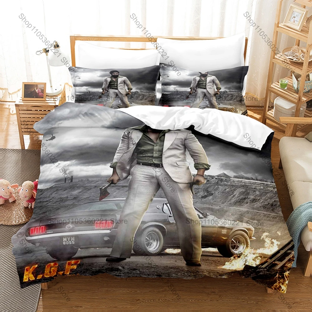 Cool Blockbuster Indian Sandalwood Action Film K.G.F Chapter 2 Rocky Yash Gold Mafia Bedding Set 1 Duvet Cover + 2 Pillowcases P